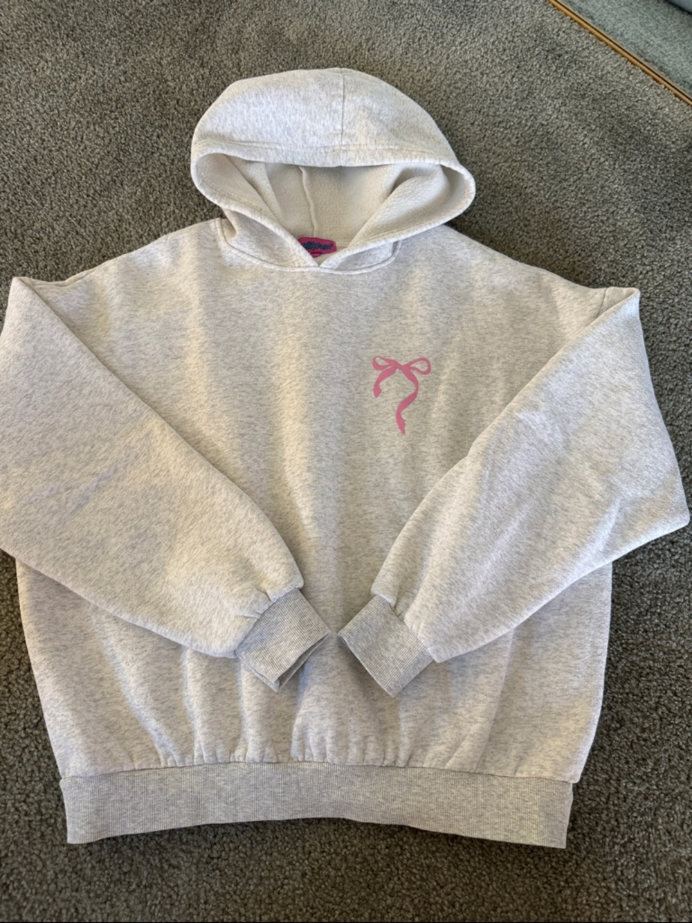 Edikted Light Gray Hoodie with Pink Bow Accent - Women